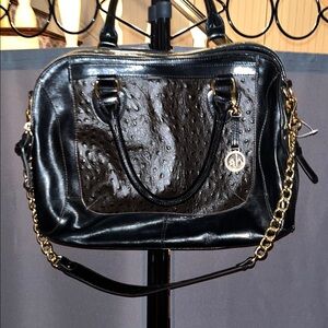Audrey Brooke Black Leather Shoulder Bag with Gold Accents